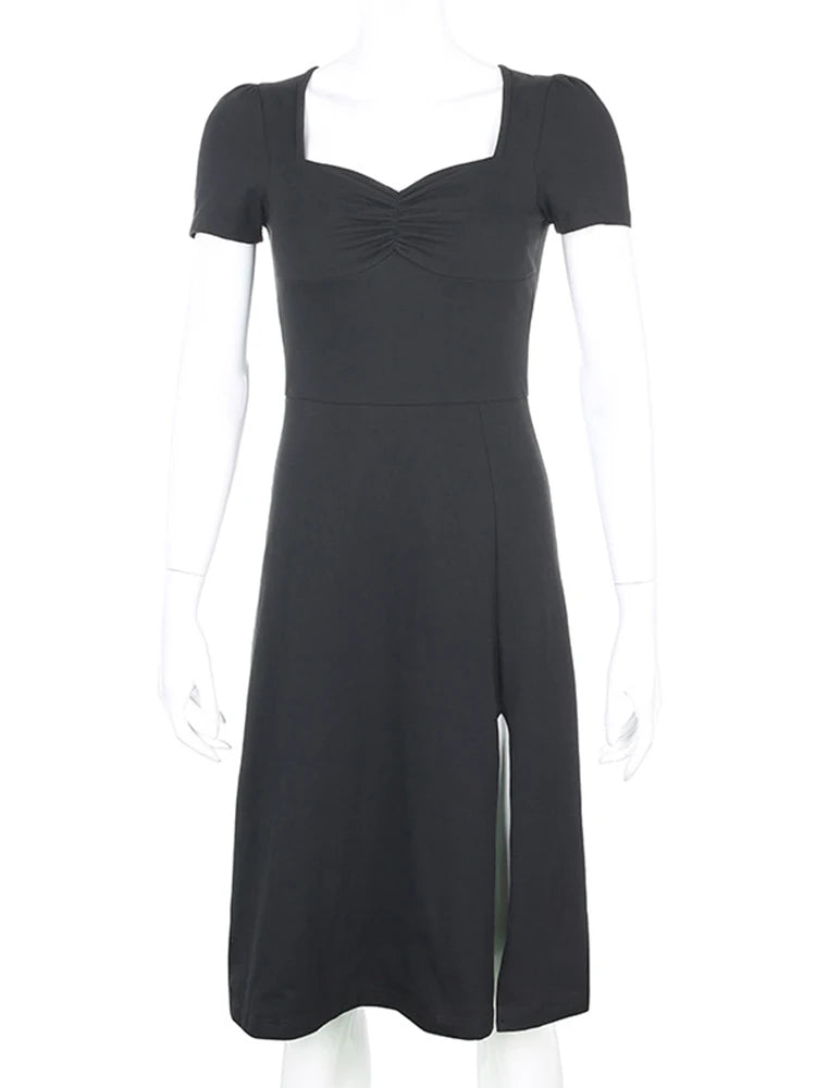 Square Ruched Black Side Split Gothic Sun New Midi Dresses