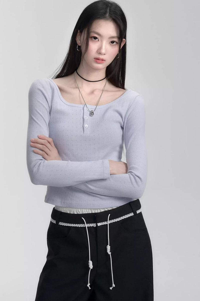 Ribbed Henley Long Sleeve T-shirt