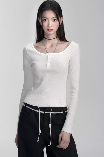 Ribbed Henley Long Sleeve T-shirt