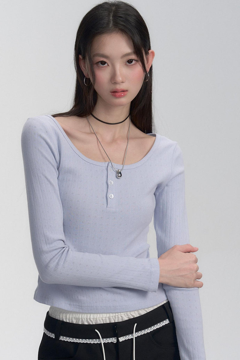 Ribbed Henley Long Sleeve T-shirt