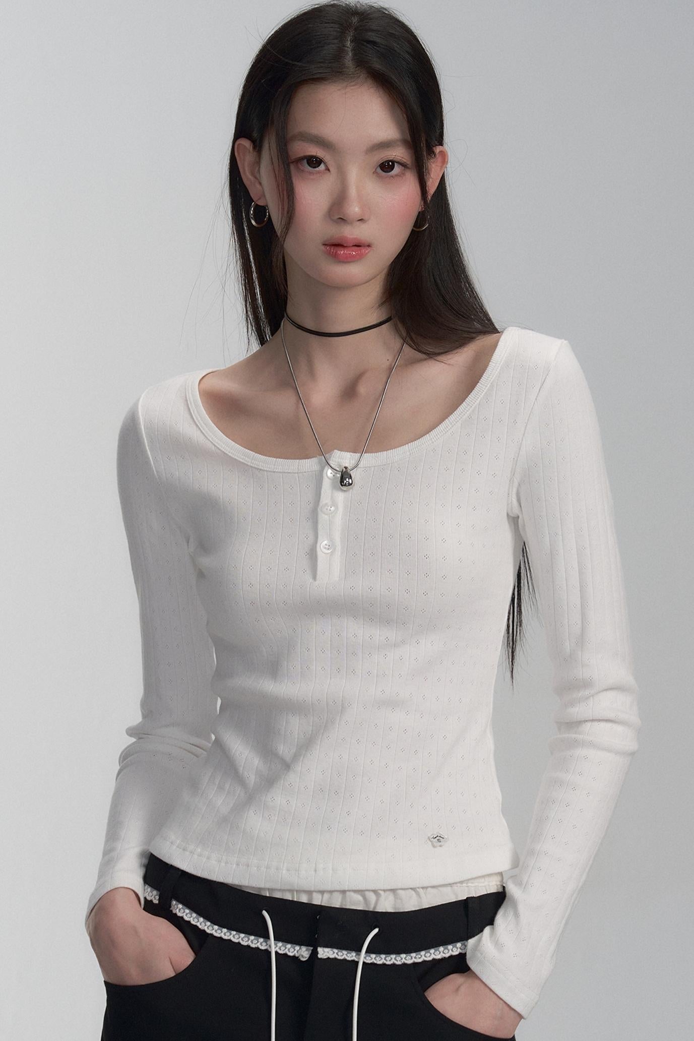 Ribbed Henley Long Sleeve T-shirt