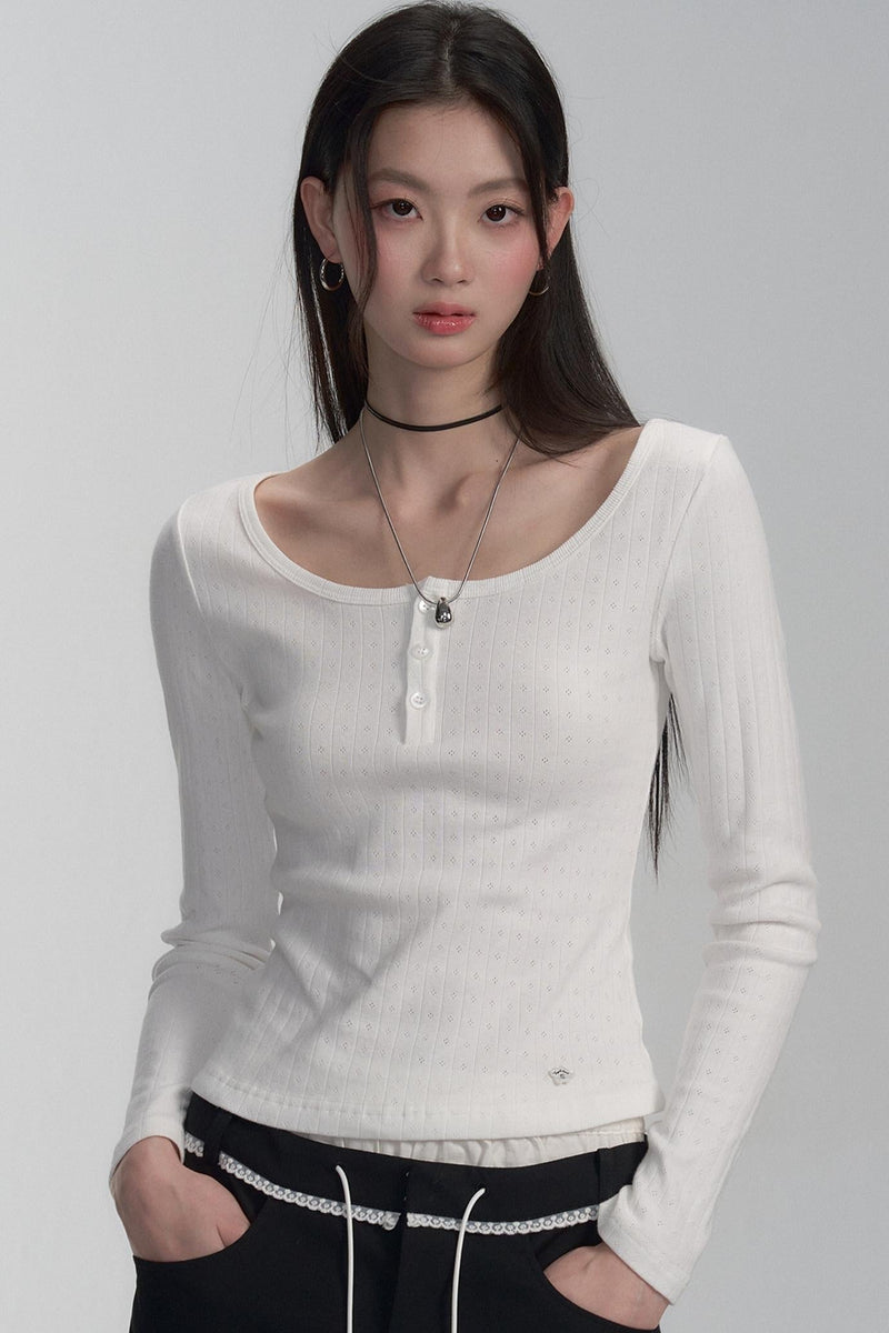 Ribbed Henley Long Sleeve T-shirt