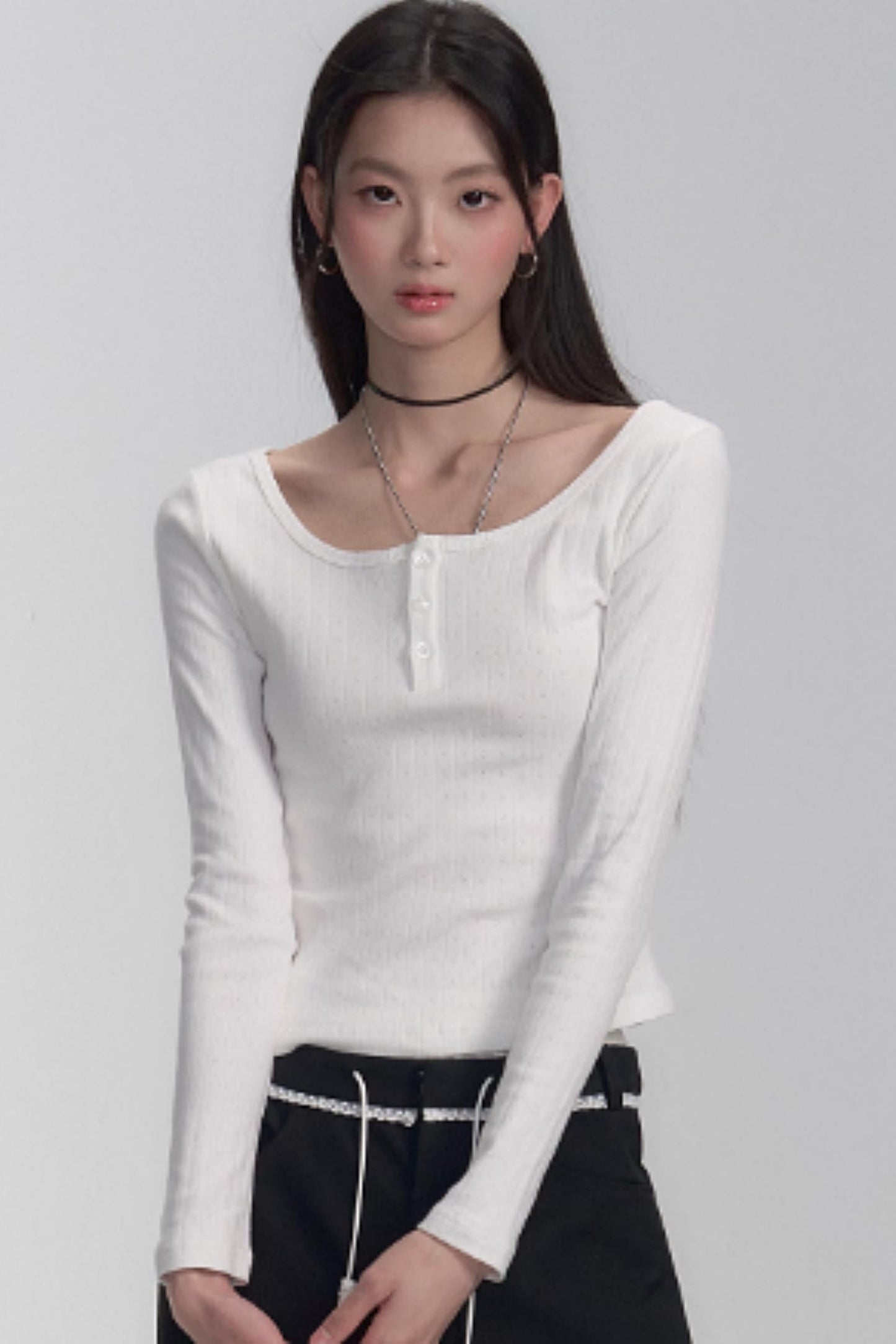 Ribbed Henley Long Sleeve T-shirt