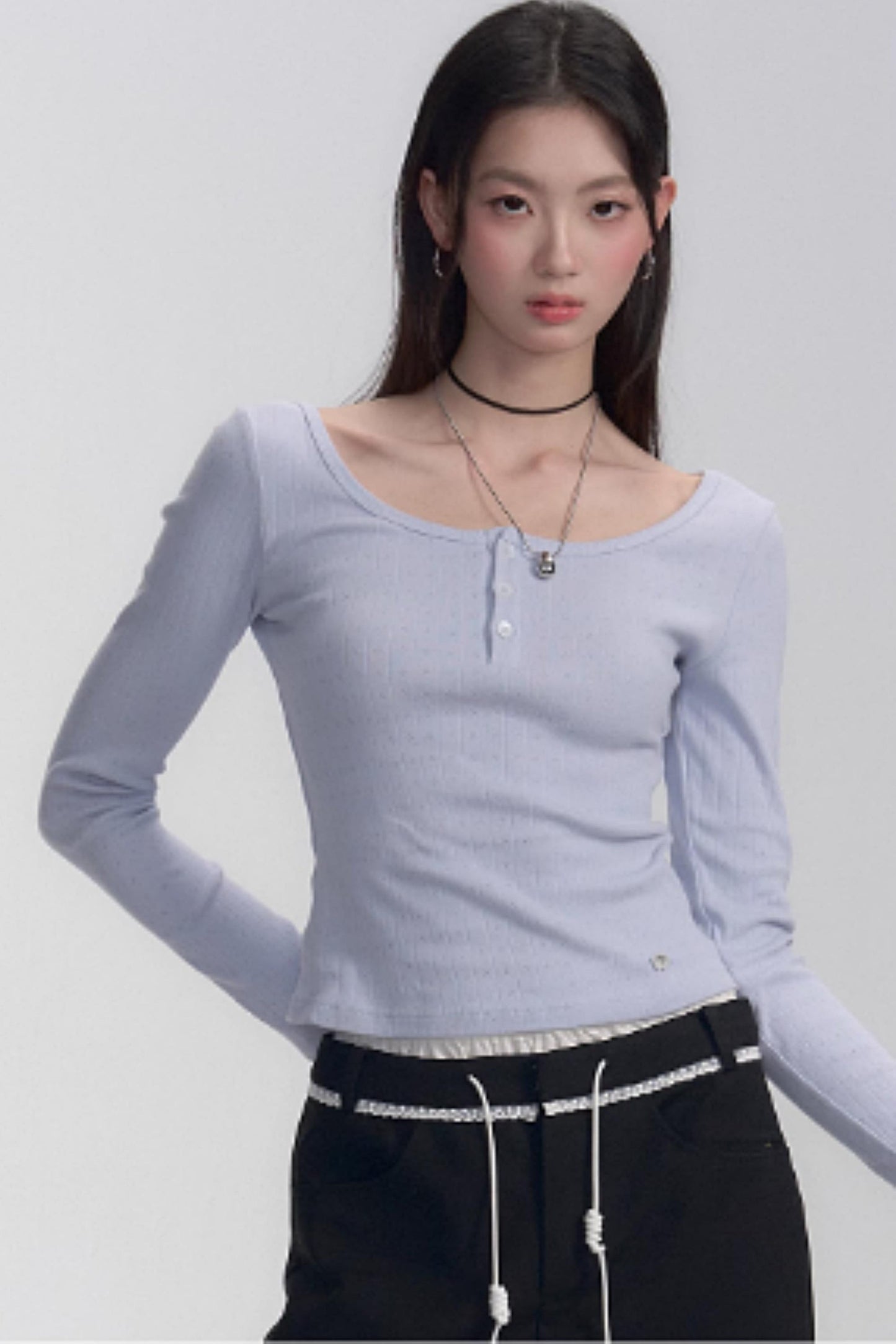 Ribbed Henley Long Sleeve T-shirt
