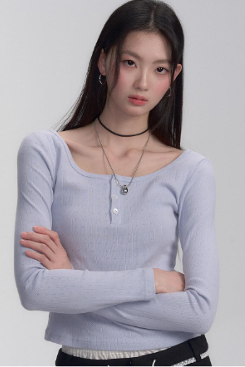 Ribbed Henley Long Sleeve T-shirt
