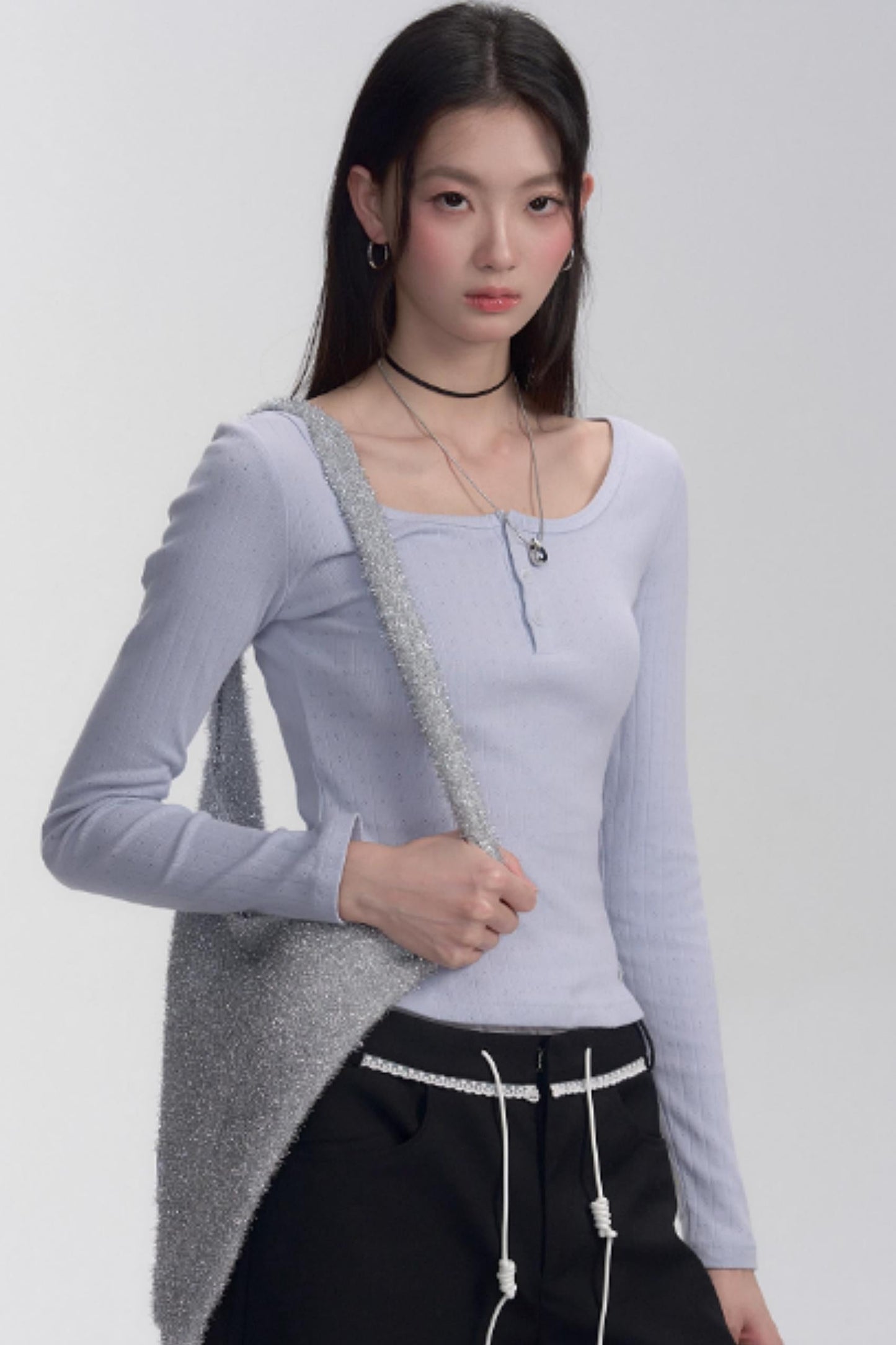 Ribbed Henley Long Sleeve T-shirt
