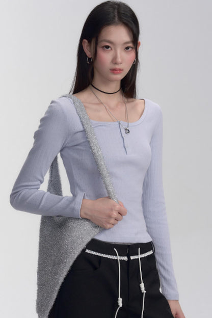 Ribbed Henley Long Sleeve T-shirt