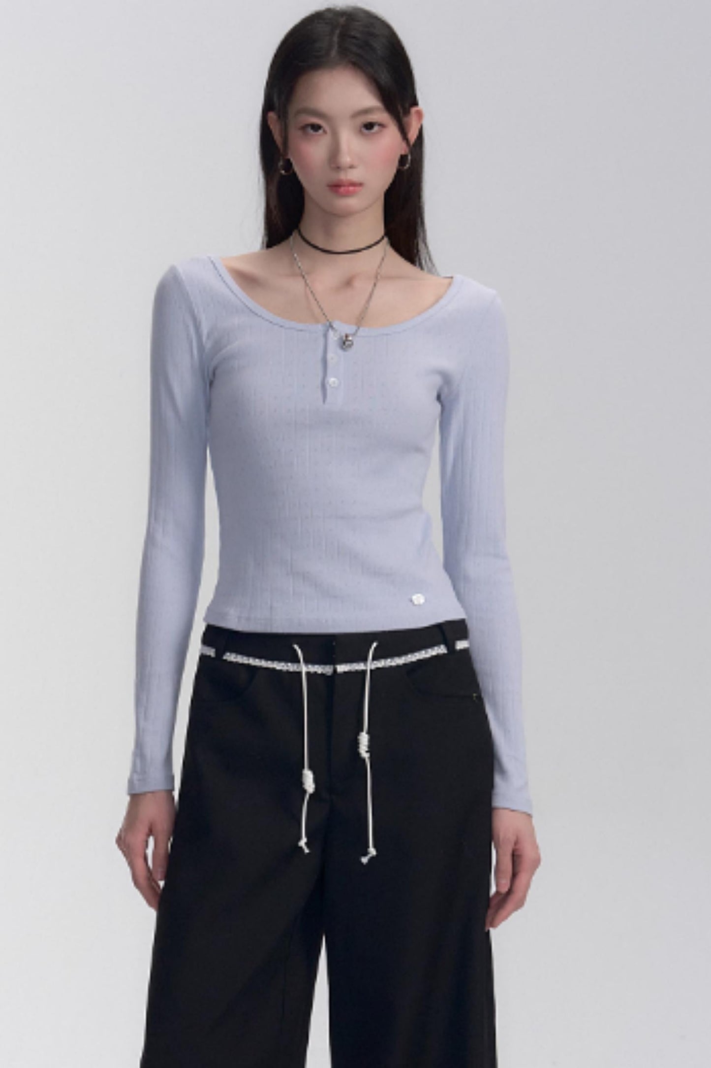 Ribbed Henley Long Sleeve T-shirt