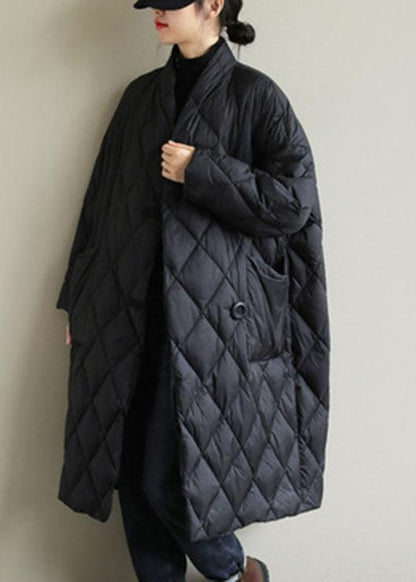 Street Black Stand Collar Button Pockets Winter Down Coat Long Sleeve Qs038