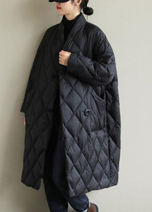 Street Black Stand Collar Button Pockets Winter Down Coat Long Sleeve Qs038