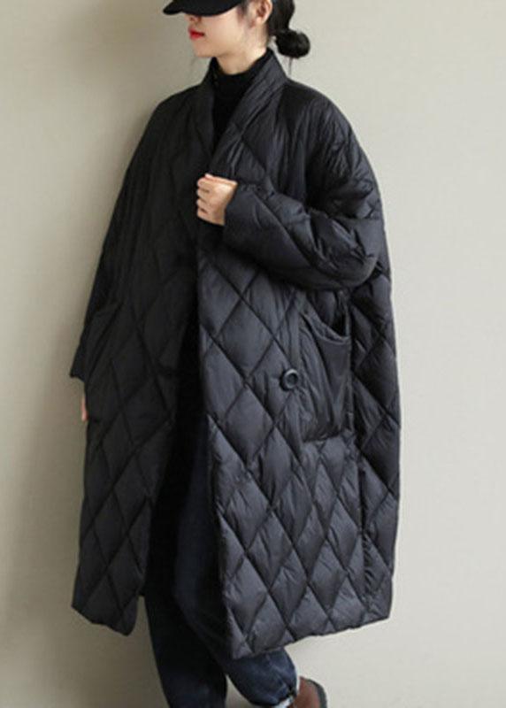 Street Black Stand Collar Button Pockets Winter Down Coat Long Sleeve Qs038