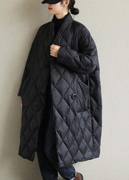 Street Black Stand Collar Button Pockets Winter Down Coat Long Sleeve Qs038