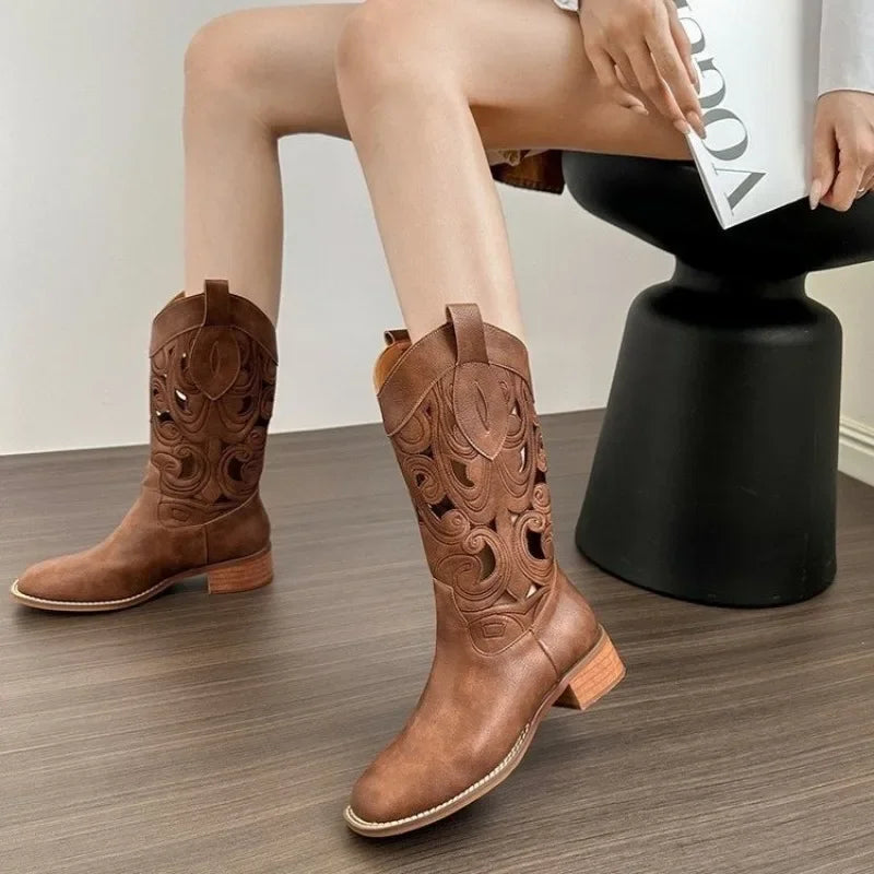 Street Retro Brown Mid Calf Hollow Breathable Western Rider Ankle Boot