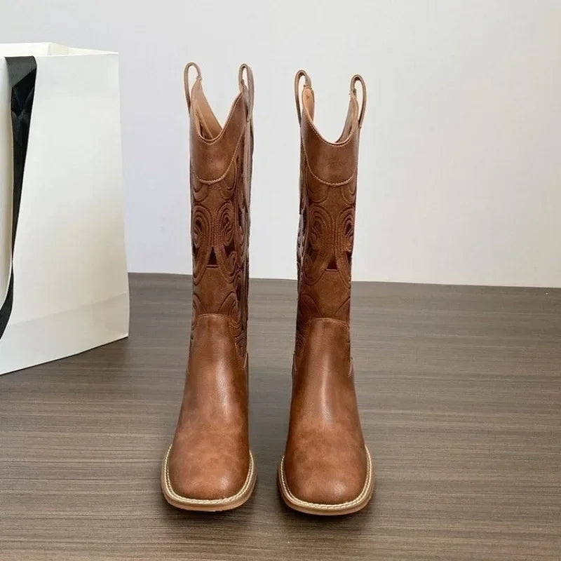 Street Retro Brown Mid Calf Hollow Breathable Western Rider Ankle Boot