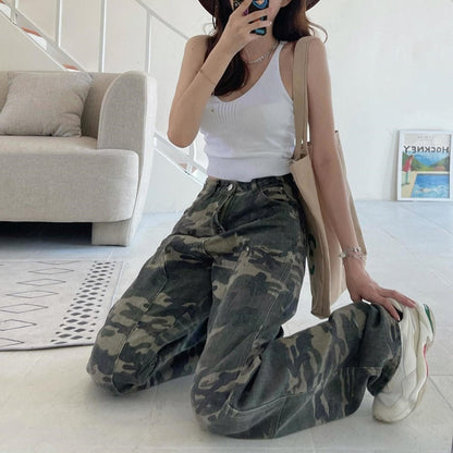 Camouflage High Waist Cargo Pants Straight Jeans