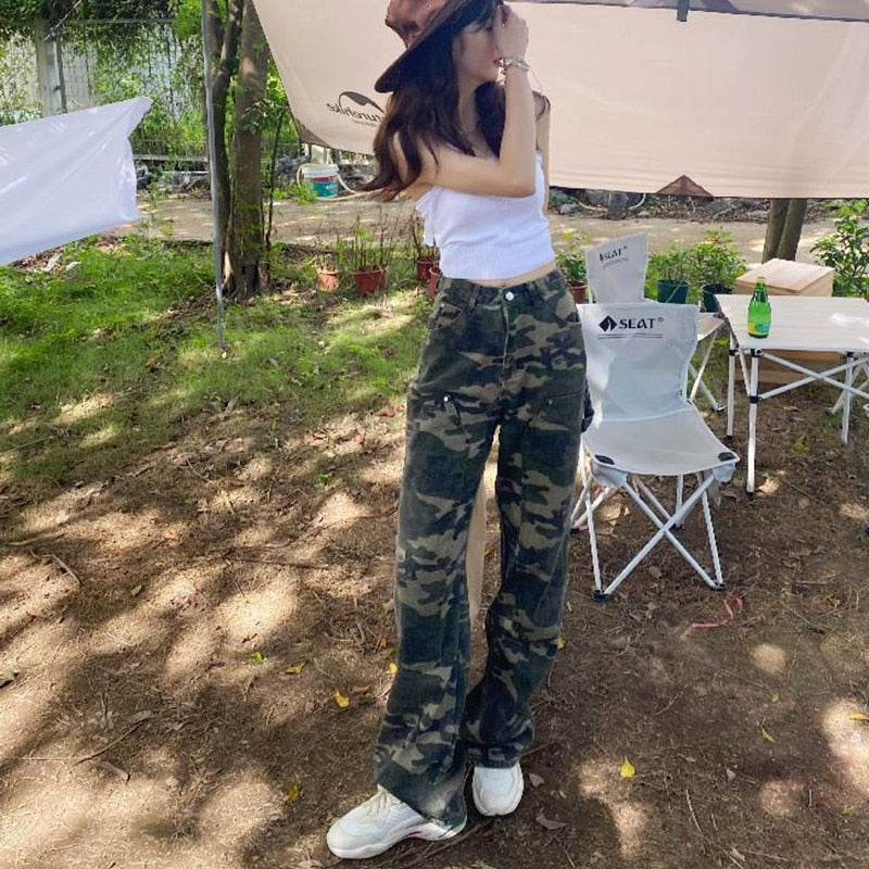 Camouflage High Waist Cargo Pants Straight Jeans