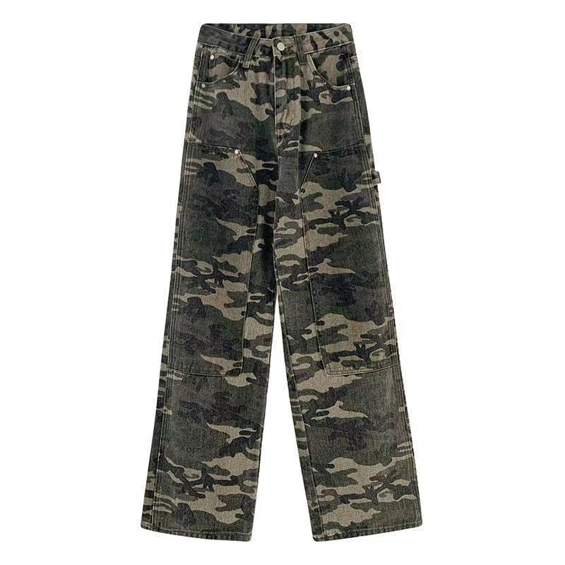 Camouflage High Waist Cargo Pants Straight Jeans