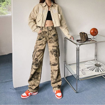 Camouflage High Waist Cargo Pants Straight Jeans