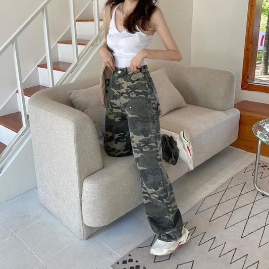 Camouflage High Waist Cargo Pants Straight Jeans