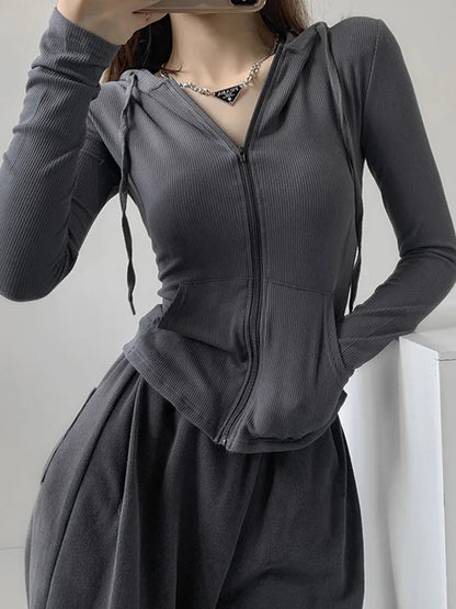 Zip Up T Shirts Hooded Cardigan Long Sleeve Cropped Tops Tracksuit