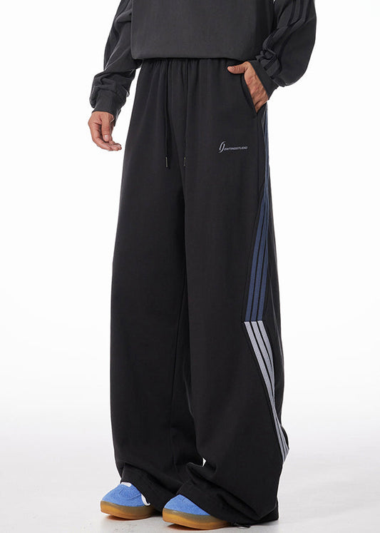 Striped Black Pockets Warm Fleece Pants Elastic Waist Spring Rm060
