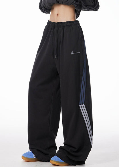 Striped Black Pockets Warm Fleece Pants Elastic Waist Spring Rm060