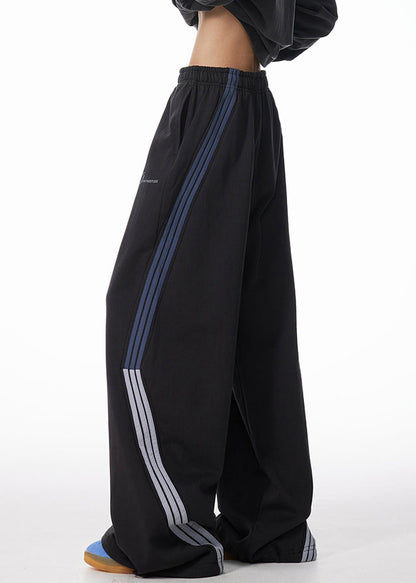 Striped Black Pockets Warm Fleece Pants Elastic Waist Spring Rm060
