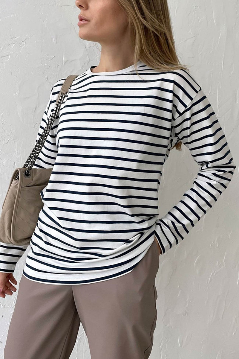 Striped Crew Neck Long Sleeve Cotton T-shirt