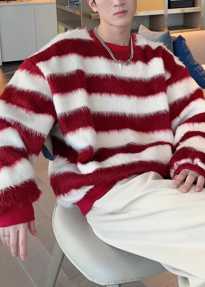 Striped Red O Neck Cozy Ma Hai Mao Sweater Fall Qh029