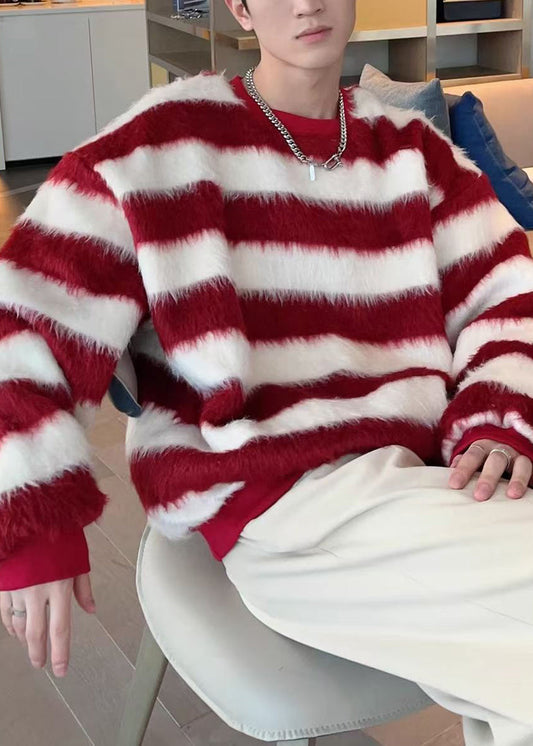 Striped Red O Neck Cozy Ma Hai Mao Sweater Fall Qh029