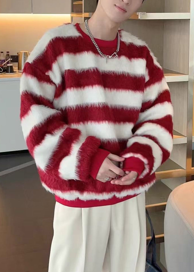 Striped Red O Neck Cozy Ma Hai Mao Sweater Fall Qh029