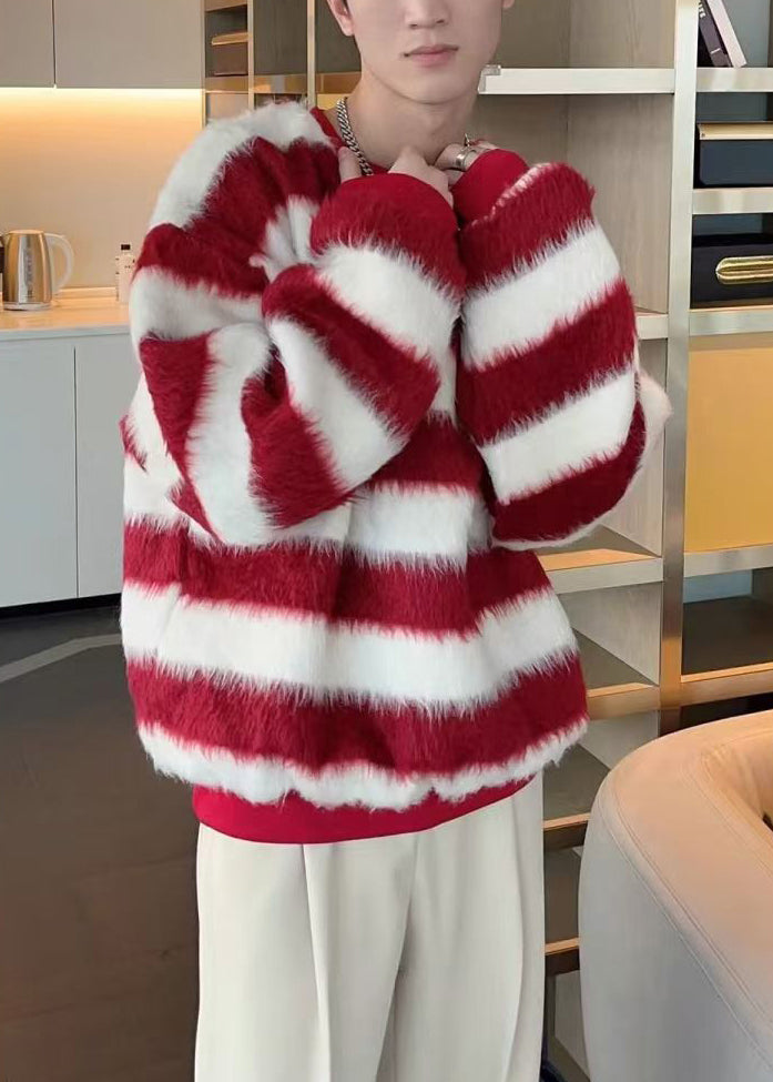 Striped Red O Neck Cozy Ma Hai Mao Sweater Fall Qh029