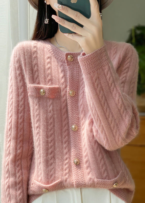 Style Beige O Neck Pockets Button Woolen Cardigans Winter Ry017