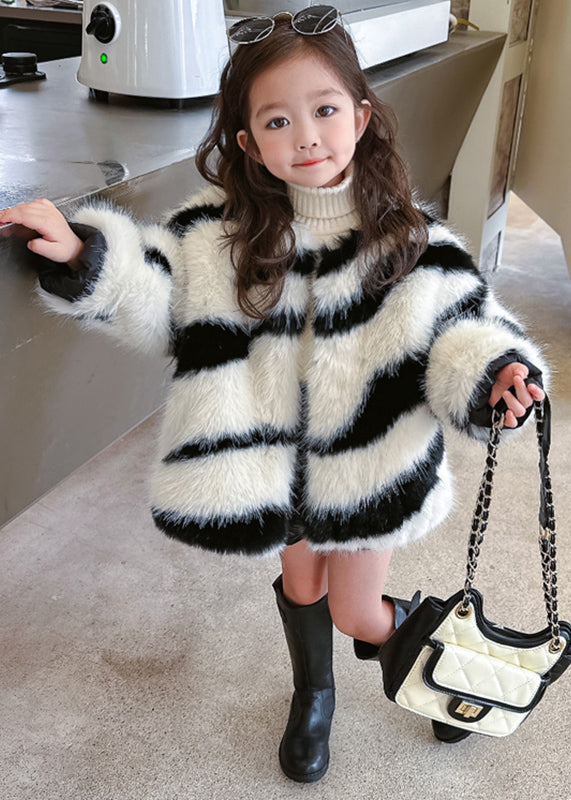 Style Black O-neck Black White Striped Kids Mink Hair Coats Wintertg023