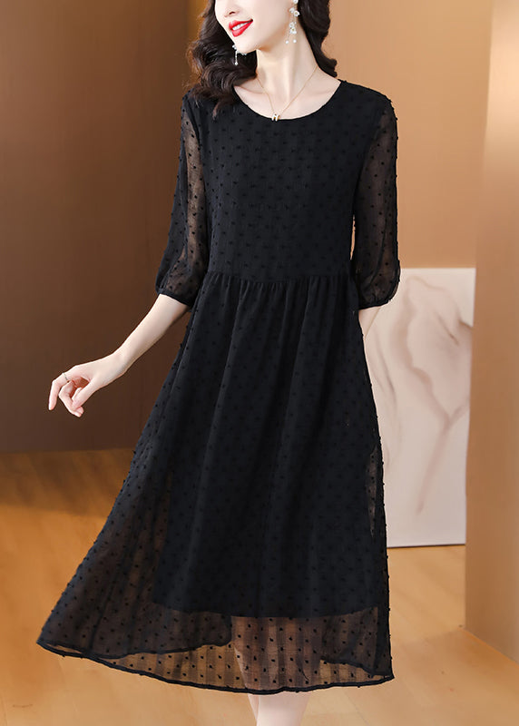 Style Black O Neck Jacquard Chiffon Long Dresses Lantern Sleeve Bb010