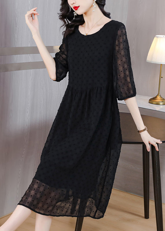 Style Black O Neck Jacquard Chiffon Long Dresses Lantern Sleeve Bb010