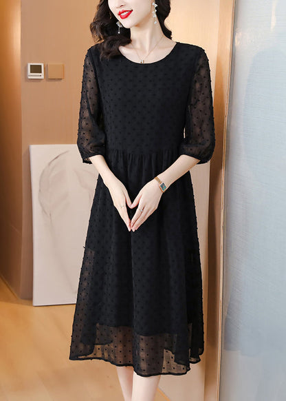 Style Black O Neck Jacquard Chiffon Long Dresses Lantern Sleeve Bb010