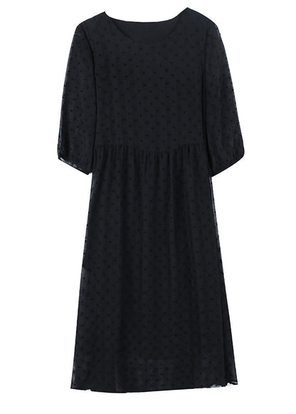 Style Black O Neck Jacquard Chiffon Long Dresses Lantern Sleeve Bb010