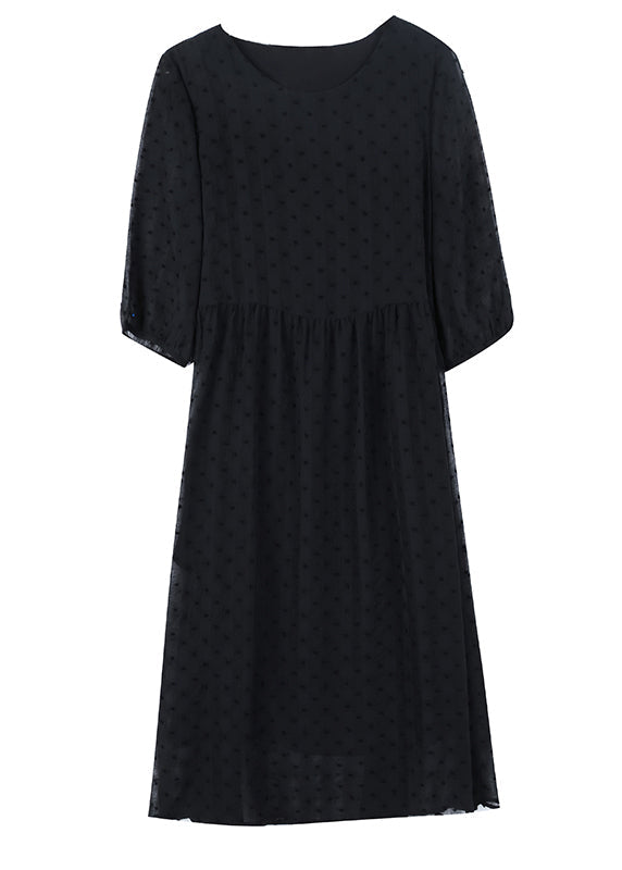 Style Black O Neck Jacquard Chiffon Long Dresses Lantern Sleeve Bb010