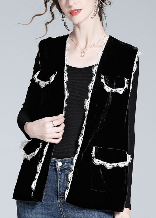 Style Black V Neck Lace Patchwork Silk Velour Waistcoat Spring Ly0978
