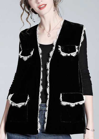 Style Black V Neck Lace Patchwork Silk Velour Waistcoat Spring Ly0978