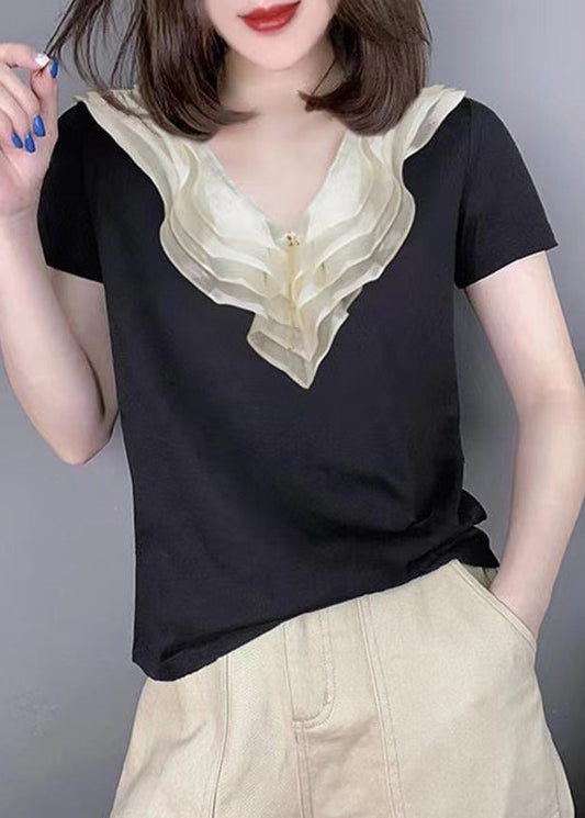 Style Black V Neck Ruffled Patchwork Silk Blouse Tops Summer Bv012