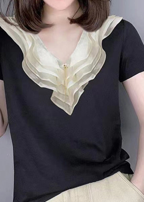 Style Black V Neck Ruffled Patchwork Silk Blouse Tops Summer Bv012