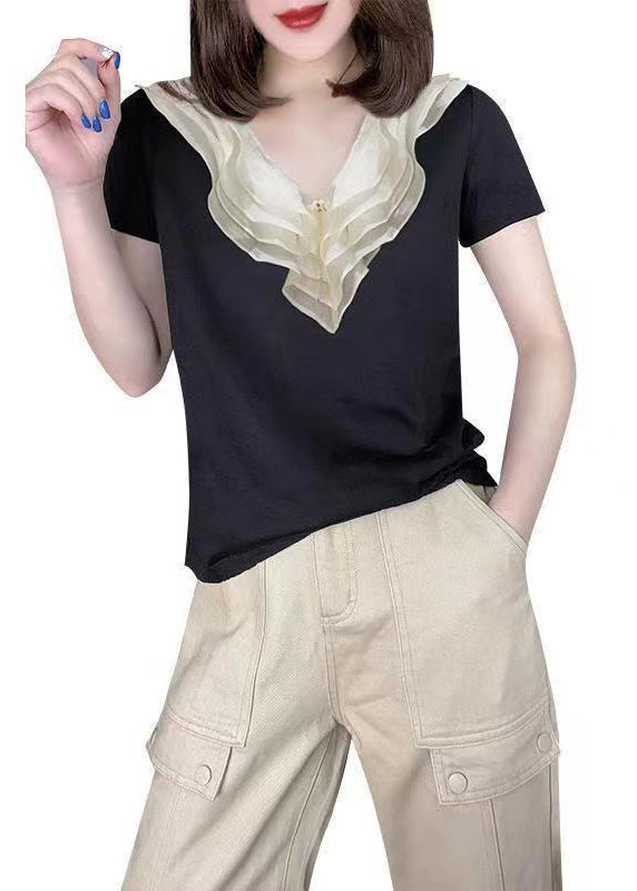 Style Black V Neck Ruffled Patchwork Silk Blouse Tops Summer Bv012