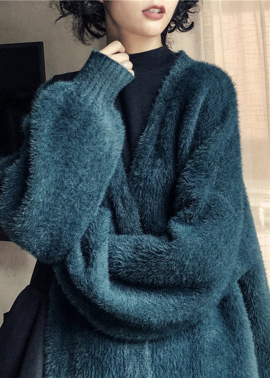 Style Blackish Green V Neck Mink Hair Knitted Cardigan Winter Rl008
