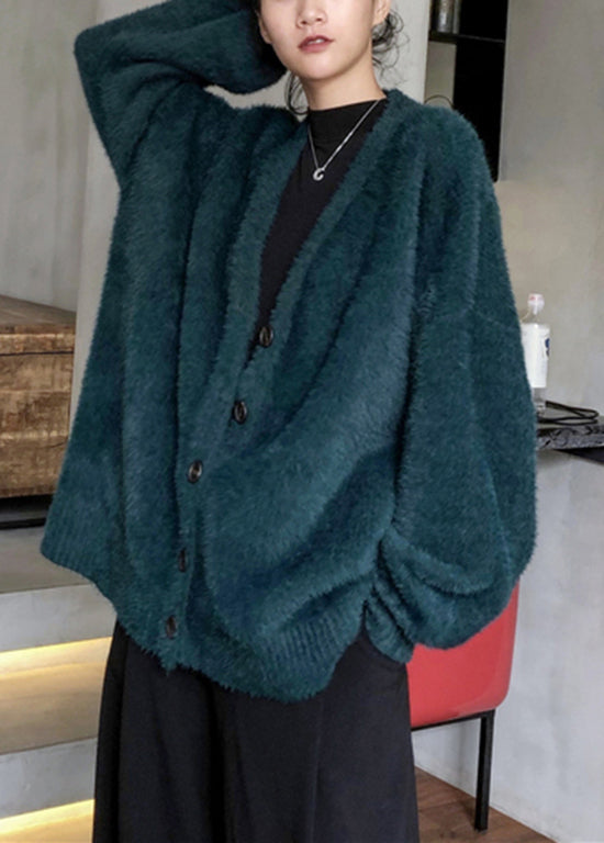 Style Blackish Green V Neck Mink Hair Knitted Cardigan Winter Rl008