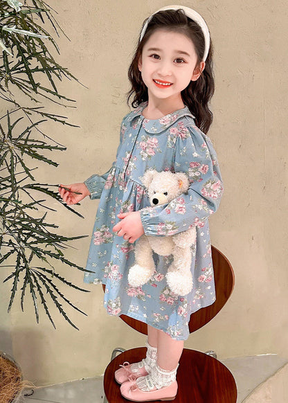 Style Blue Peter Pan Collar Patchwork Kids Maxi Dress Fall Ss1043