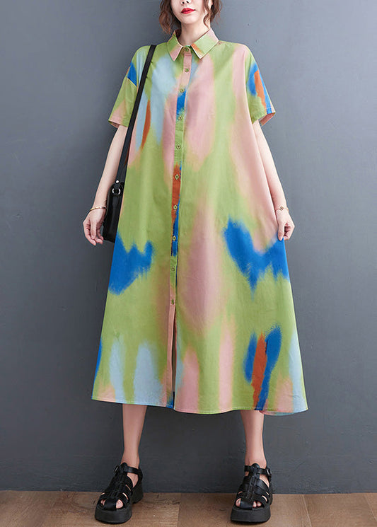 Style Blue Peter Pan Collar Print Button Long Dress Shirts Short Sleeve Ly0651