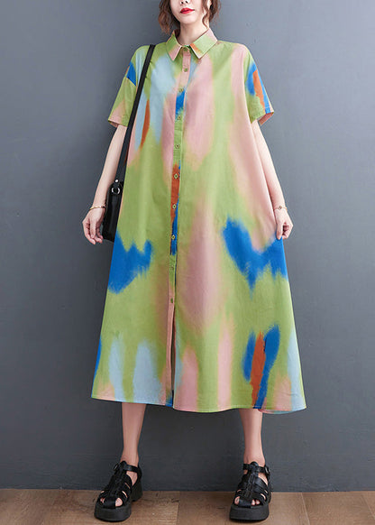 Style Blue Peter Pan Collar Print Button Long Dress Shirts Short Sleeve Ac2075