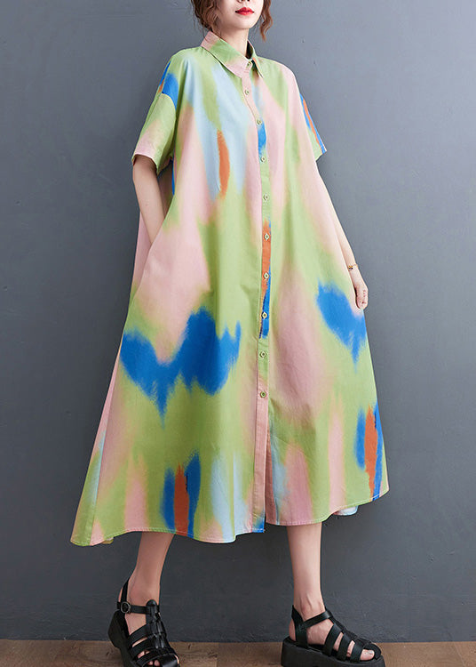 Style Blue Peter Pan Collar Print Button Long Dress Shirts Short Sleeve Ly0651